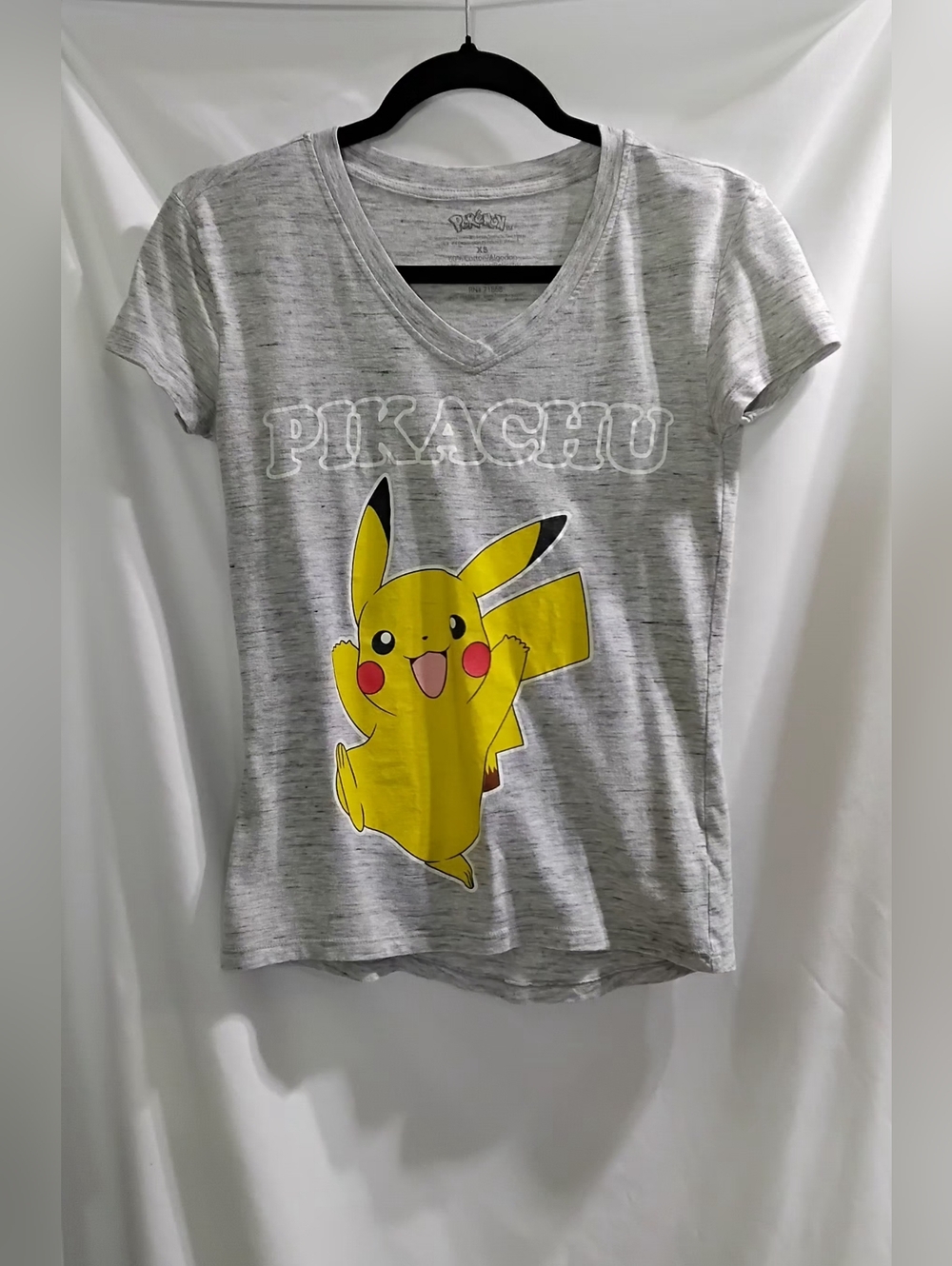 Pokemon Pikachu Grey V Neck Short Sleeve Cotton Blend Tshirt Womens Size XSmall